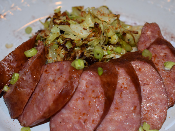 Smoked Venison Sausage with Caramelized Onion and Cabbage Hash - Cajun Recipes